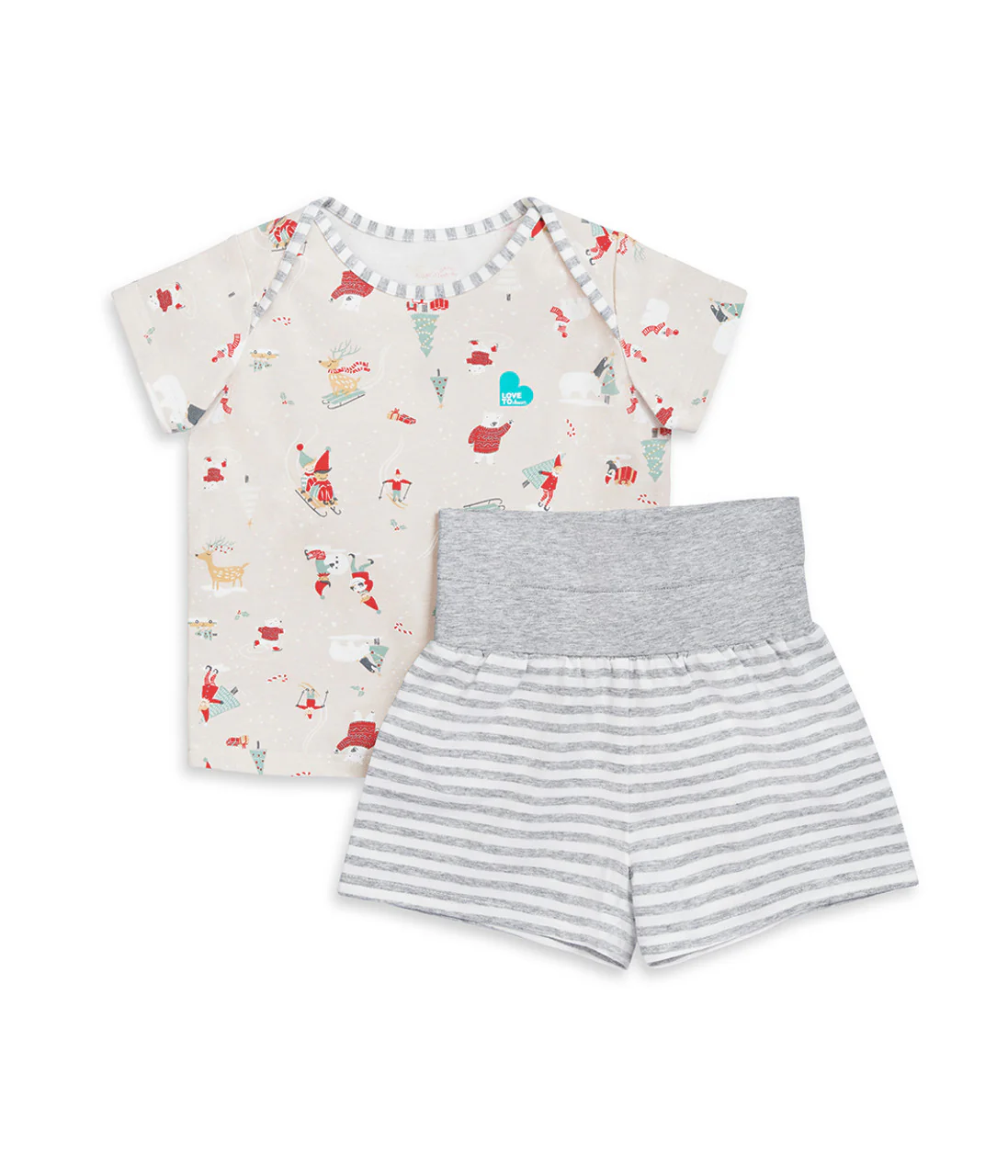 Kids Pyjama Set Short Sleeve Cotton Beige Snow Party - Image 3